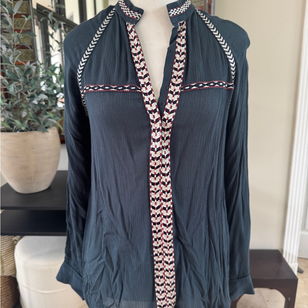 Tularosa Black and Blue Relaxed Blouse with Mandarin Collar
